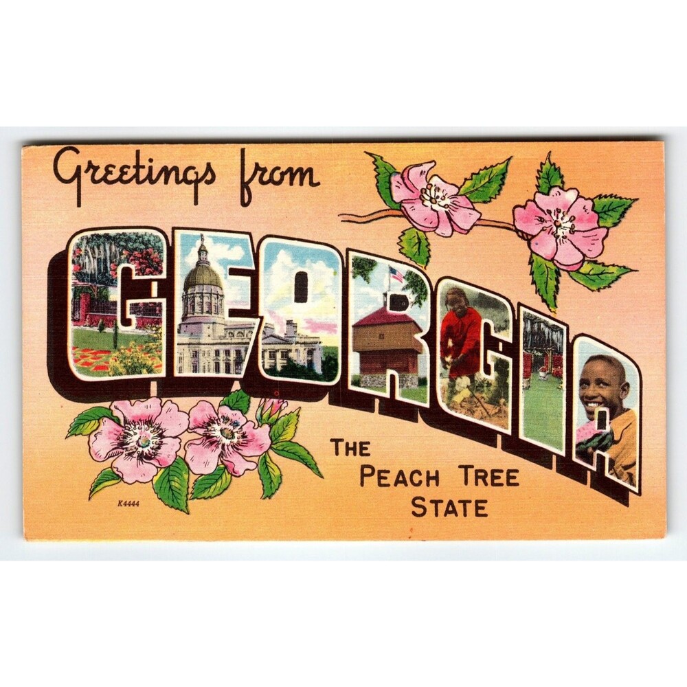Vintage Large Letter Greetings from Georgia The Peach Tree State Linen Postcard